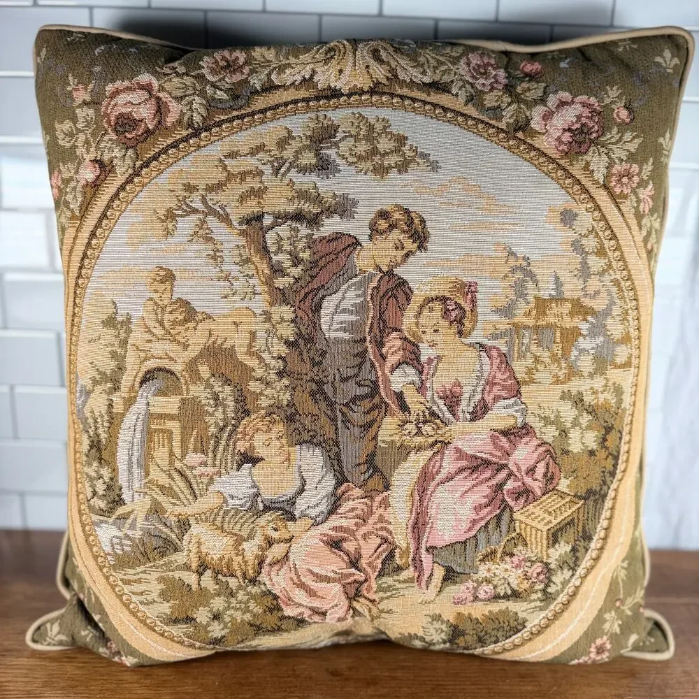 Vintage French Country Tapestry Courting Scene Throw Pillow 17x17